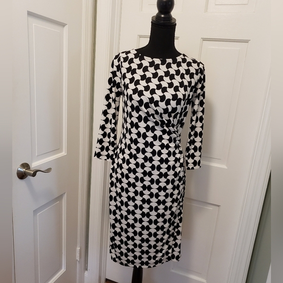 Talbots Faux Wrap Sheath Dress Stretch Black & White Petite S - Picture 1 of 9